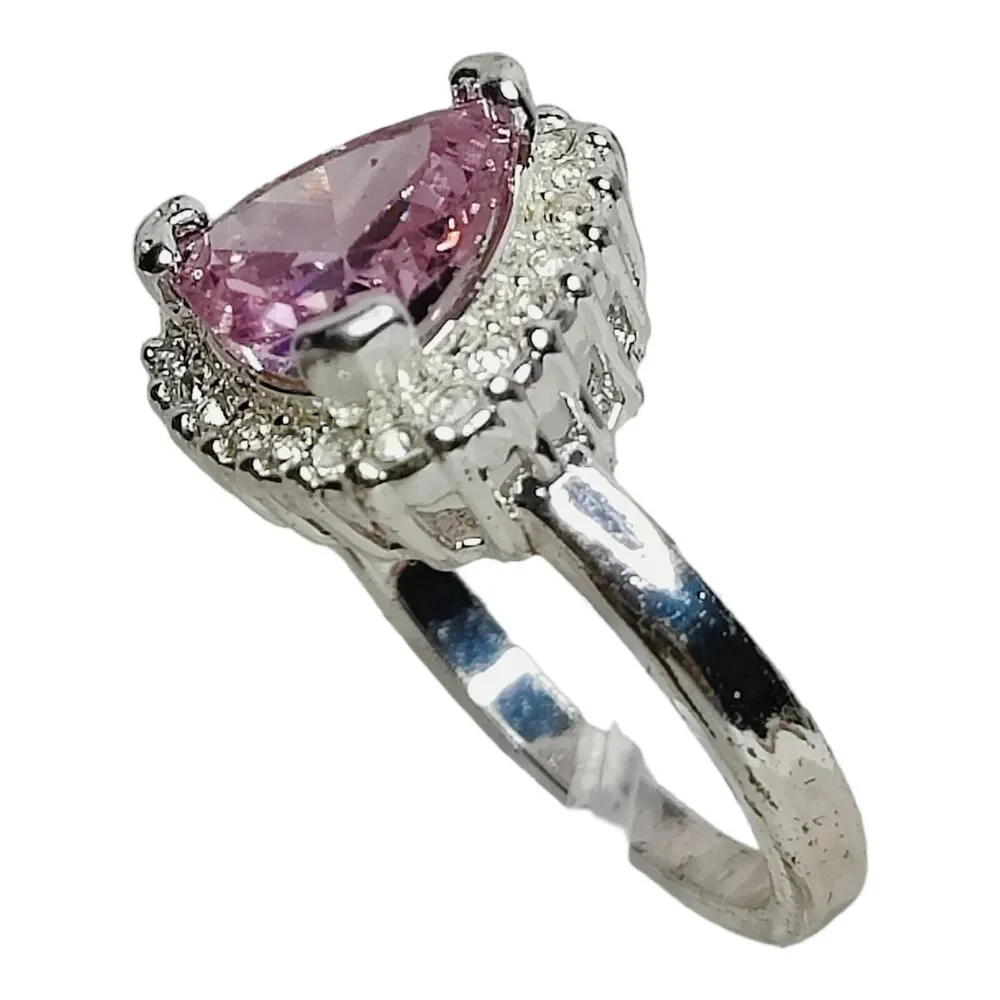 Silver Tone Ring Sz 8 Triangle Cushion‎ Cut CZ Pink Stone Clear CZ Halo Jewelry